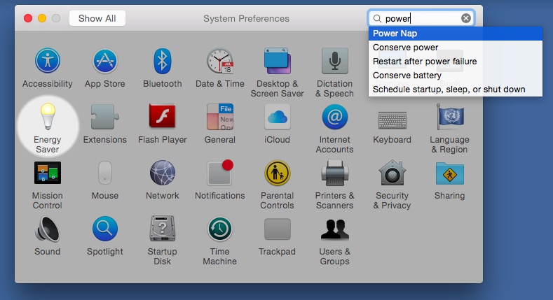 Even if you don’t know which System Preferences panel contains the settings you want to change, Spotlight can help. Type into the box at the top, and watch as the “spotlight” shines on the relevant icons.