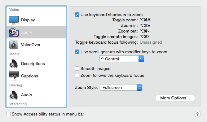 You’ll be amazed at how much you can zoom using this Accessibility pane. In fact, there’s nothing to stop you from zooming in so far that a single pixel nearly fills the entire monitor. (That may not be especially useful for people with limited vision, but it can be handy for graphic designers learning how to reproduce a certain icon, dot by dot.)