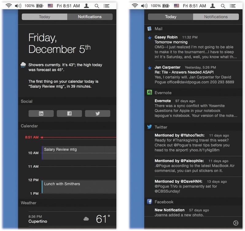 Right: Here’s the Notification Center, where all those incoming messages pile up, for your inspection pleasure.Left: The Today view shows everything you’ve got coming up—as well as the information widgets you’ve installed here (page 364).