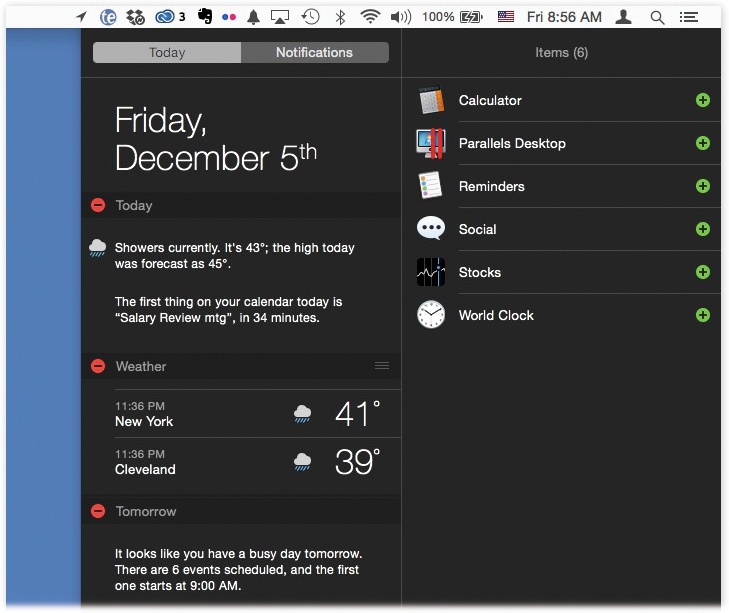 Editing the widgets of the Today list is simple enough. The left column represents what’s in the Today list now; the right column lists widgets that aren’t installed at the moment. Click — to remove a widget from the Today list, or tap to add a module.Drag the up or down to move it higher or lower in the list.Then tap Done.