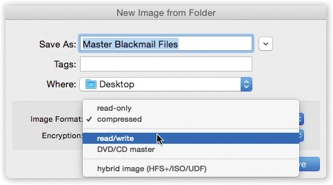 These two pop-up menus let you specify (a) what kind of disk image you want, and (b) whether you want it password-protected. The latter option is great when you want to password-protect one folder, without bothering with your entire Home folder.