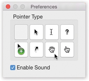 Unlike the Shift-⌘-3 or Shift-⌘-4 keystrokes, Grab lets you include the pointer/cursor in the picture—or hide it. Choose Grab→Preferences and pick one of the eight pointer styles, or choose to keep the pointer hidden by activating the blank button in the upper-left corner.