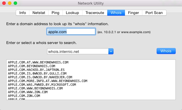 The whois tool is a powerful part of Network Utility. First enter a domain that you want information about, and then choose a whois server (you might try whois.networksolutions.com). When you click the whois button, you get a surprisingly revealing report about the owner of the domain, including phone numbers and contact names.