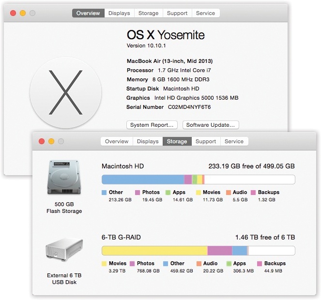 This dialog box gives you a plain-English display of the Mac details you probably care the most about: memory, screen, storage, serial number, OS X version, and so on. (Click the tabs across the top for more details.) To proceed from here to the full System Information program, click System Report.