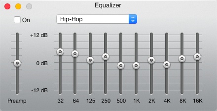 Drag the sliders (bass on the left, treble on the right) to accommodate the strengths and weaknesses of your speakers or headphones (and listening tastes). Or save yourself the trouble—use the pop-up menu above the sliders to choose a canned set of slider positions for Classical, Dance, Jazz, Latin, and so on. These settings even transfer to your i-gadgets.