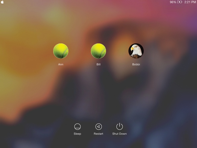 When you set up several accounts, you don’t turn on the Mac so much as sign into it. A command in the menu called Log Out summons this sign-in screen, as does the Accounts menu described later in this chapter. Click your own name (or type the first couple of letters), and type your password (if any), to get past this box and into your own stuff.