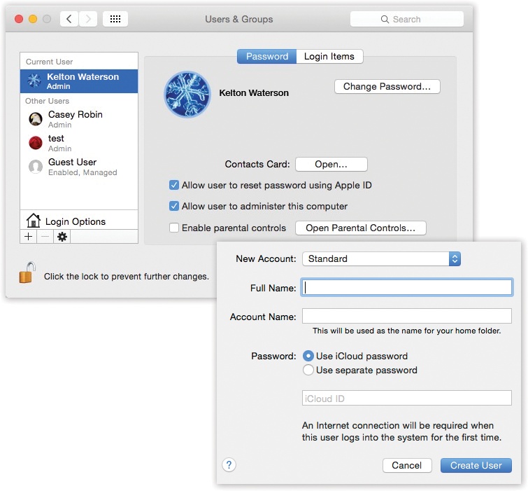 Top: The screen lists everyone who has an account. From here, you can create new accounts or change passwords. If you’re new at this, there’s probably just one account listed here: yours. This is the account OS X created when you first installed it. You, the all-wise administrator, have to click the to authenticate yourself before you can start making changes.Bottom: In the account-creation process, the first step is choosing which type of account you want to create.