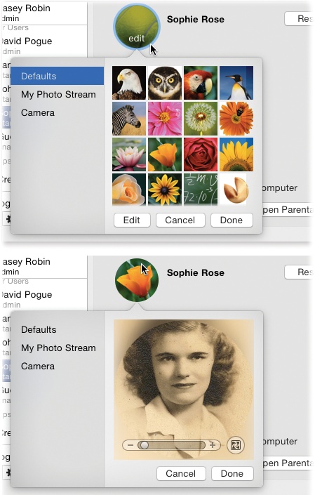 Once you’ve selected a photo to represent yourself (top), you can adjust its position relative to the square “frame” (bottom), or adjust its size by dragging the slider. Finally, when the picture looks correctly framed, click Set. (The next time you return to the Images dialog box, you can recall the new image using the Recent Pictures pop-up menu.)