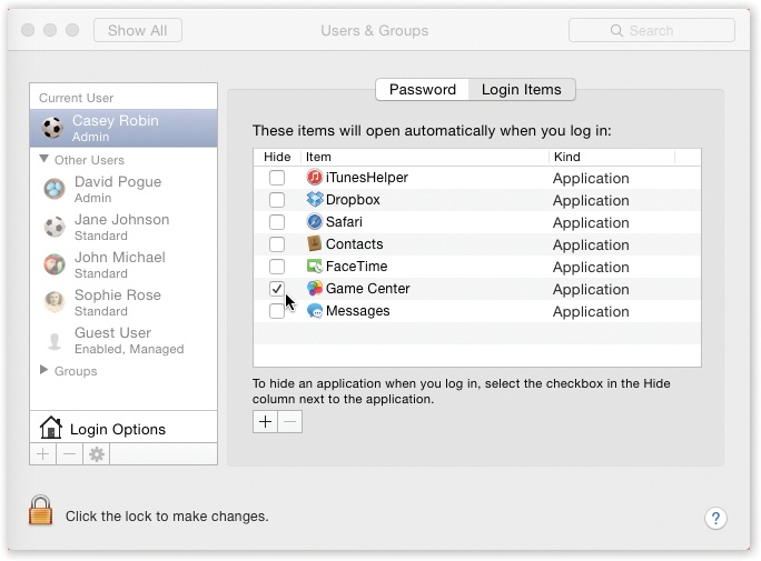 You can add any icon to the list of things you want to start up automatically. Click the button to summon the Open dialog box, where you can find the icon, select it, and then click Choose. Better yet, if you can see the icon in a folder or disk window (or on the desktop), just drag it into this list. To remove an item, click it in the list and then click the button.