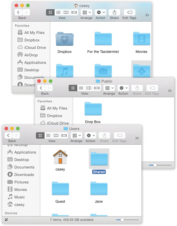 Top: In other people’s Home folders, the Public folder is available for your inspection. It contains stuff that other people have “published” for the benefit of their coworkers.Middle: In the Public folder is the Drop Box, which serves the opposite purpose. It lets anyone else who uses this Mac hand in files to you; they, however, can’t see what’s in the box.Bottom: Inside the Users folder (to get there from a Home folder, press ⌘-) is the Shared folder, a wormhole connecting all accounts. Everybody has full access to everything inside.