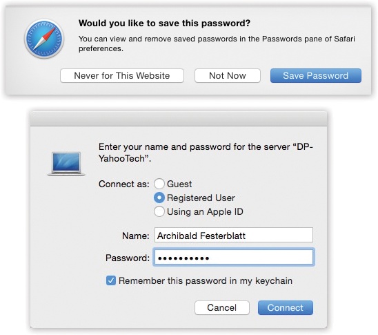 Top: Safari is one of several Internet-based programs that offer to store your passwords in the Keychain; just click Yes. The next time you visit this Web page, you’ll find your name and password already typed in.At any time, you can see a complete list of the memorized Web passwords by choosing Safari→Preferences→Passwords (page 721).Bottom: When you connect to a server (a shared disk or folder on the network), just turn on “Remember this password in my keychain.”