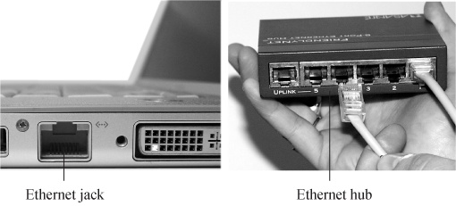 Every Mac except the Air has a built-in Ethernet jack (left). It looks like an overweight telephone jack. It connects to an Ethernet router or hub (right) via an Ethernet cable (also known as Cat 5 or Cat 6), which ends in what looks like an overweight telephone-wire plug (also known as an RJ-45 connector).