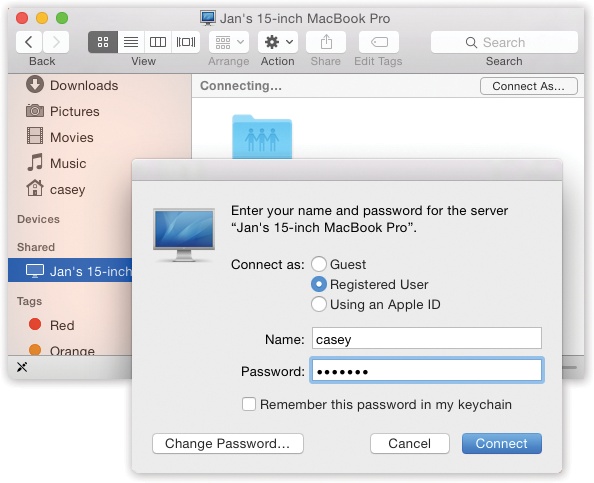 You can sign into your account on another Mac on the network (even while somebody else is using that Mac in person). Click Connect As and then enter your name and password. Turn on “Remember this password in my keychain” to speed up the process for next time. The Change Password button lets you change your account password on the other machine. No matter which method you use to connect to a shared folder or disk, its icon shows up in the Sidebar.