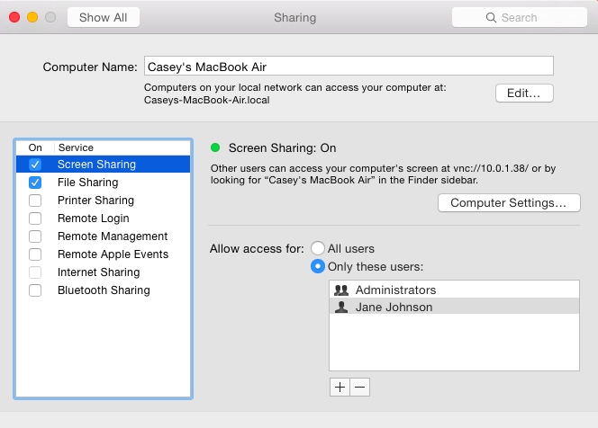 Your Mac is now ready to be observed and even controlled by other machines across the network. The people listed here are allowed to tap in anytime they like, even when you’re not at your machine.