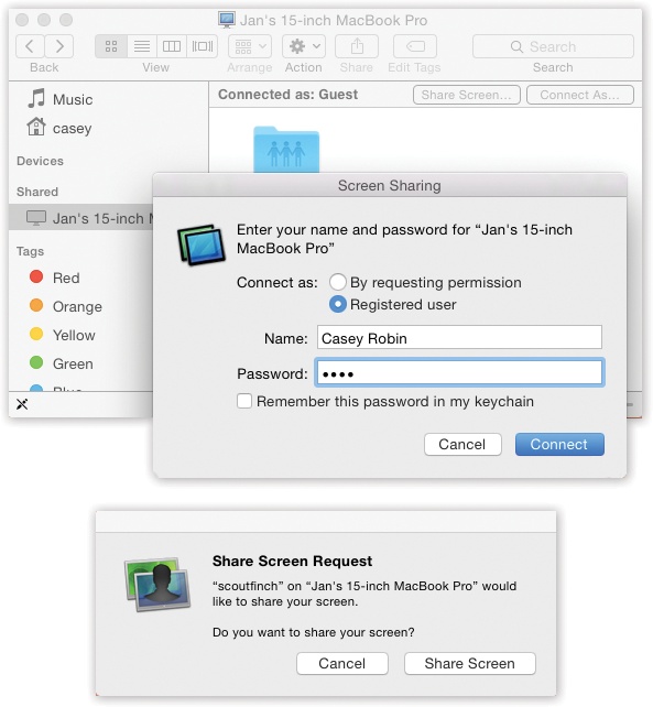 Top: Start by clicking Share Screen in the strip at the top of your Mac’s window.If you’ve been pre-added to the VIP list of authorized screen sharers, you can sign in with either your account name and password or your Apple ID. If not, you can request permission to share Other Mac’s screen (provided the Mac owner has turned on that option in System Preferences→Sharing→Screen Sharing→Computer Settings). You’ll be granted permission only if Other Mac’s owner is present and OKs you.Bottom: If you request permission, the other person (sitting at Other Mac) sees your request like this.