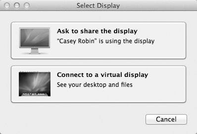 The Mac wants to know if you want to view or control the screen that’s in use right now by whomever’s using Other Mac—or if you want to use the “virtual display” option, where you take control of your account on the other Mac without disturbing the totally different activity of whomever is seated there.