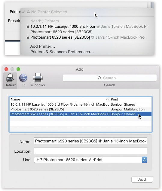 Top: To introduce your Mac to a new printer, try to print something. If you have a USB printer or a “nearby” one, it’s probably listed here already. Off you go.If your printer isn’t listed, then choose Add Printer from this pop-up menu.Bottom: Your Mac should automatically “see” any printers that are hooked up and turned on. Click the one you want, and then click Add.