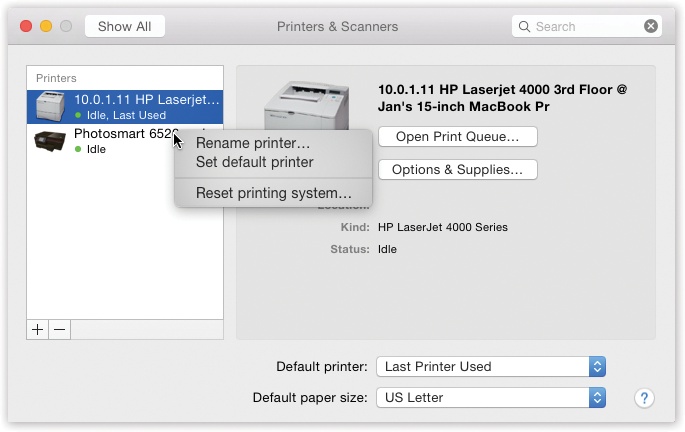 You know that stuff you read about earlier? Setting up printers from the Print dialog box? You can do the same work here. Click the button below the left-side list.