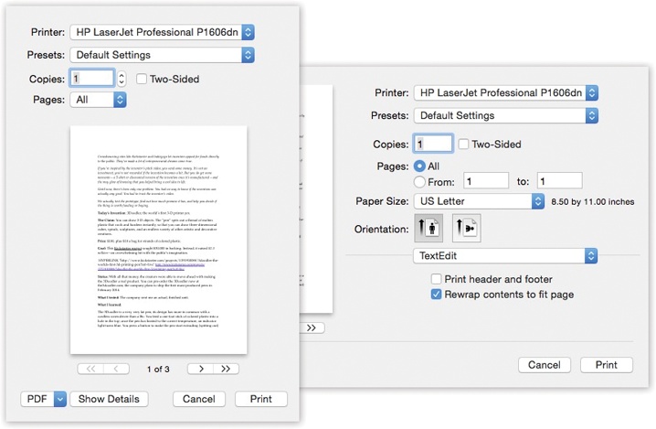 Left: Most of the time, all you want is one darned copy of what’s on your screen. So the standard Print dialog box is basic: a preview, page controls, and a Print button.Right: But when you click Show Details, you get a new world of options: orientation, magnification, and so on.