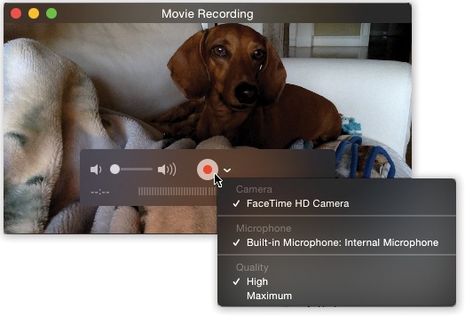 Use the pop-up menu to set up your flick; check the audio level (reflected by the dancing “VU-meter” bars at the bottom of the control bar); choose a folder location for the finished movie; and choose a camera and mike.