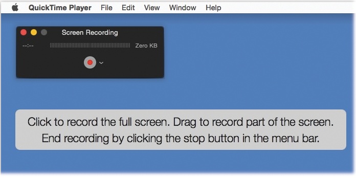 This message appears when you tap the Record button. If you just click to start recording, you’ll capture the entire monitor. But if you drag first, defining a rectangle, you’ll capture only that area.