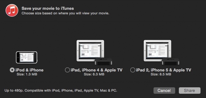 This box gives you three size choices for the movie you’re exporting, which correspond to the screen sizes of the three Apple gadgets available. (Options may be dimmed if the original movie isn’t big enough to fill the corresponding screen.)