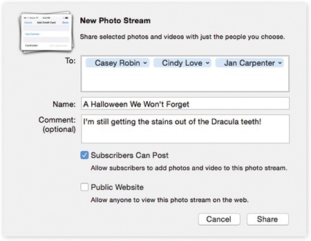 If you turn on Subscribers Can Post, your subscribers will be able contribute photos and videos to your album. That’s a fantastic feature for an event where there was a crowd: a wedding, show, concert, picnic, badminton tournament. Now everyone who was there can enhance the gallery with shots taken from their own points of view with their own phones or cameras.And if you turn on Public Website, then even people who aren’t members of the Apple cult will be able to see these photos. The invitees will get an email containing a Web address. It links to a hidden page on the iCloud Web site that contains your published photos.