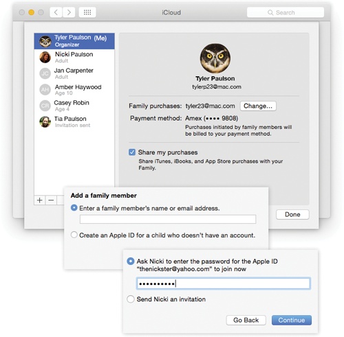 Top: The iCloud pane of System Preferences is the central hub of Family Sharing planning. The setup process involves a bunch of dialog boxes, but at least you have to walk through them only once.Middle: Adding a new member to your circle starts with an email address.Bottom: If the prospective family member is standing with you, she can enter her password on the spot.(That doesn’t mean you’ll learn what her password is; your Mac stores it but hides it.)