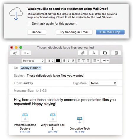 There’s no reason not to use Mail Drop. In fact, there’s no reason not to turn on “Don’t ask again for this account,” too. From now on, Mail Drop will work just like magic—invisibly.You can attach a bunch of files to a single message, as long as the grand total is under 5 gigabytes.Their icons show up right in the body of the message.