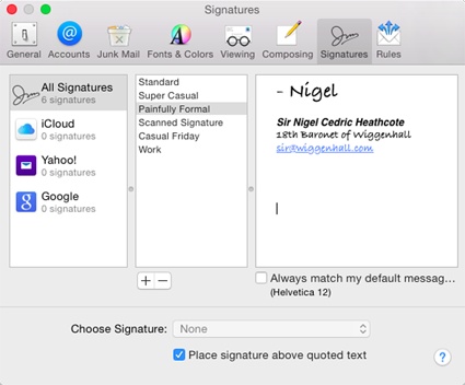 After naming your signature in the middle pane and typing the text on the right, don’t miss the Format menu, which you can use to dress up your signature with colors and formatting. You can even paste a graphic (like a scan of your handwritten signature) into the box. Click OK. (You can use formatted signatures only when sending Rich Text messages.)