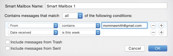 Mail lets you create self-populating folders. In this example, a smart mailbox will automatically display all messages from Momma Smith that you’ve received in the past week.