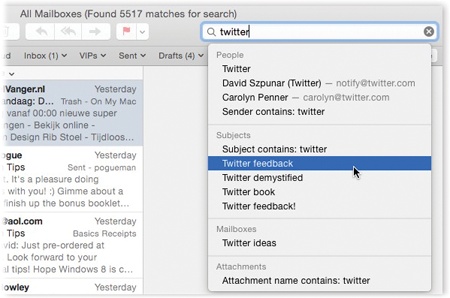 You can jump to the search box by clicking or by pressing Option-⌘-F. As you type, Mail shrinks the list of messages—and simultaneously displays a list of suggestions. You can fine-tune your results using the mailbox buttons you’ve installed on the Favorites bar. To return to the full messages list, click the tiny at the right side of the search box.