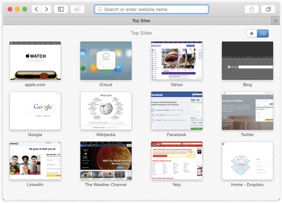 The Top Sites display is hiding behind the Favorites view shown in Figure 19-5. To see Top Sites, click the icon at the top right of the Favorites view in a new window. (Or choose History→Show Top Sites.) Click a page to revisit it.