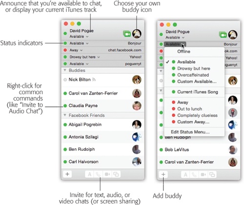 Left: The Buddies list combines all your contacts from all chat services. Each chat account has its own status menu at the top.Right: You can also choose Edit Status Menu to set up more creative alternatives to “Available” and “Away.”