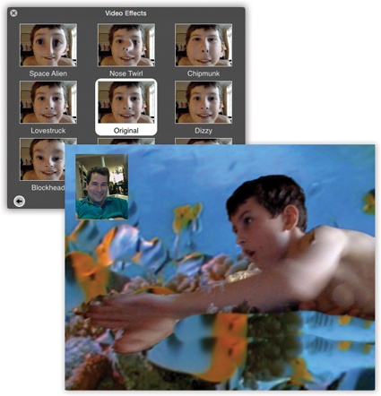 Top left: You have plenty of effects to choose from for your next video chat. Click an effect to add it to your chat window. Click the small arrows at the bottom of the window to advance or retreat through the various effects styles. Click the Original square in the middle of the window to erase the effect and start again from scratch.Lower right: Let the live bluescreen action begin!