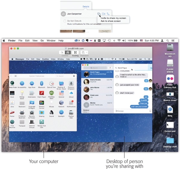 Top: You either send or receive an invitation to start sharing your screen, but make sure you know with whom you’re dealing before accepting the offer and starting the sharing process.Bottom: When you’re sharing someone else’s screen, you have the option to click back and forth between the two Mac screens.You can move the cursor, click things, and even highlight text on the other guy’s screen. That’s great for explaining to someone, via remote control, how to perform some task.