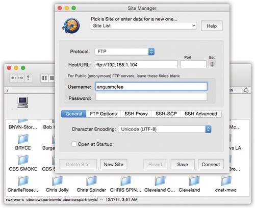 Top: To access your OS X machine from across the Internet, fire up a program like RBrowser and use the address ftp://111.222.33.4 (or whatever your public IP address is).Bottom: Once you’re looking at an FTP server’s contents, you can drag files from your desktop into the list, copy them to your Mac by dragging them out of the list onto your desktop, or open them by double-clicking.