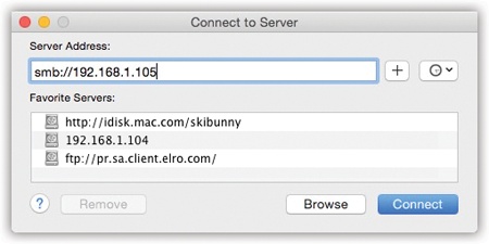 The Connect to Server dialog box lets you type in the IP address for the shared Mac you want to access. (Ensuring that the shared Mac is turned on and connected to the Internet is the network administrator’s problem.)