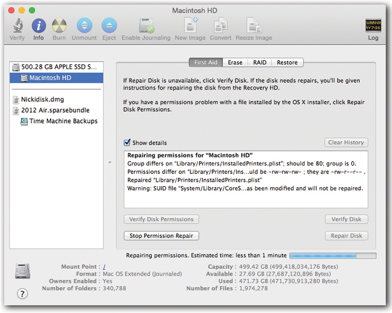 Click your hard drive’s name in the left-side list, click the First Aid tab, click Repair Disk Permissions, and then read an article while the Mac checks out your disk. If the program finds anything amiss, you’ll see messages like these. Among the text, you may recognize some Unix shorthand for read, write, and execute privileges.