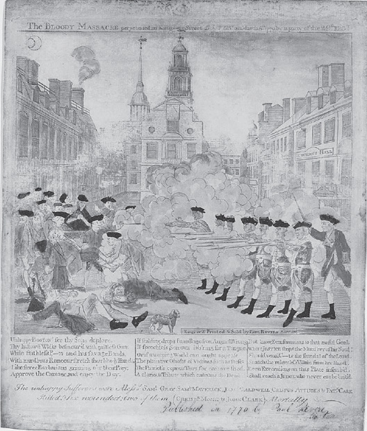 Paul Revere, after Henry Pelham’s design, The Bloody Massacre Perpetrated in King Street Boston on March 5th 1770 by a Party of the 29th Regt., 1770 (LC-DIG-ppmsca-01657, Library of Congress)