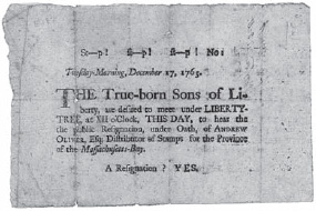 “Stop! Stop! No: Tuesday-Morning, December 17, 1765”: Loyal Nine, broadside announcing resignation of the Stamp Act Commissioner Andrew Oliver December 1765 (Massachusetts Historical Society)