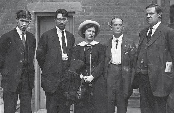 IWW leaders pause for a portrait during the Paterson Silk Strike, Paterson, New Jersey, 1913—left to right: Pat Quinlan, Carlo Tresca, Elizabeth Gurley Flynn, Adolph Lessig, and Big Bill Haywood (Joseph A. Labadie Collection, University of Michigan)