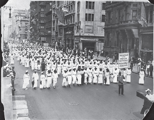 Silent protest parade in New York City against the East St. Louis riots, 1917; sign held in front reads, “The first blood for American Independence was shed by a Negro Crispus Attucks” (digital ID# cph-3a34294, Library of Congress)