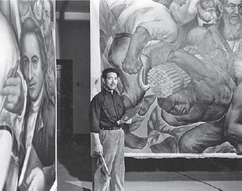 Eitaro Ishigaki standing before his painting Harlem Court, circa 1940 (Digital ID# 2174, Archives of American Art, Smithsonian Institution, courtesy of the Archives of American Art Wikimedia Partnership)