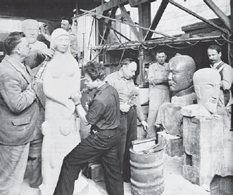 Beniamino Bufano at work in WPA-FAP sculpture studio in San Francisco with Sargent Johnson behind to the right, ca. 1935–1940 (Archives of American Art, Smithsonian Institution)