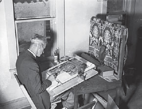 Magnus Fossum, a WPA artist copying the 1770 coverlet Boston Town Pattern for the Index of American Design, Coral Sables, Florida, February 1940 (National Archives, Records of the Work Projects Administration, 69-N-22577)