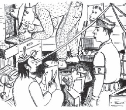 Miné Okubo, “Army Inspection at Tanforan,” Citizen 13660 (courtesy of Miné Okubo Estate)