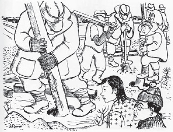 Miné Okubo, “Evacuees Fencing Themselves in at Topaz,” Citizen 13660 (courtesy of Miné Okubo Estate)