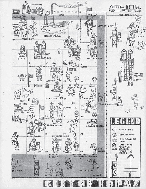 Miné Okubo, (map) Trek, Vol. 1, No. 2 February 1943, Central Utah Relocation Center, Project Reports Division, Historical Section, Special Collections and Archives, Topaz Internment Camp Documents, 1942-1943 (MSS COLL 170) (Utah State University Merrill-Cazier Library, courtesy of Miné Okubo Estate)