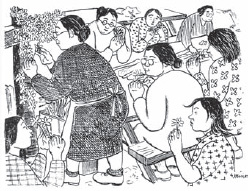 Miné Okubo, “Women Creating Paper Floral Wreaths for Funeral,” Citizen 13660 (courtesy of Miné Okubo Estate)